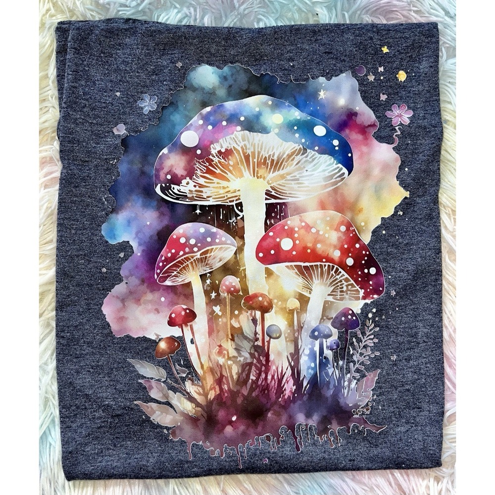 Women's Graphic Tee Rainbow Mushrooms MED New